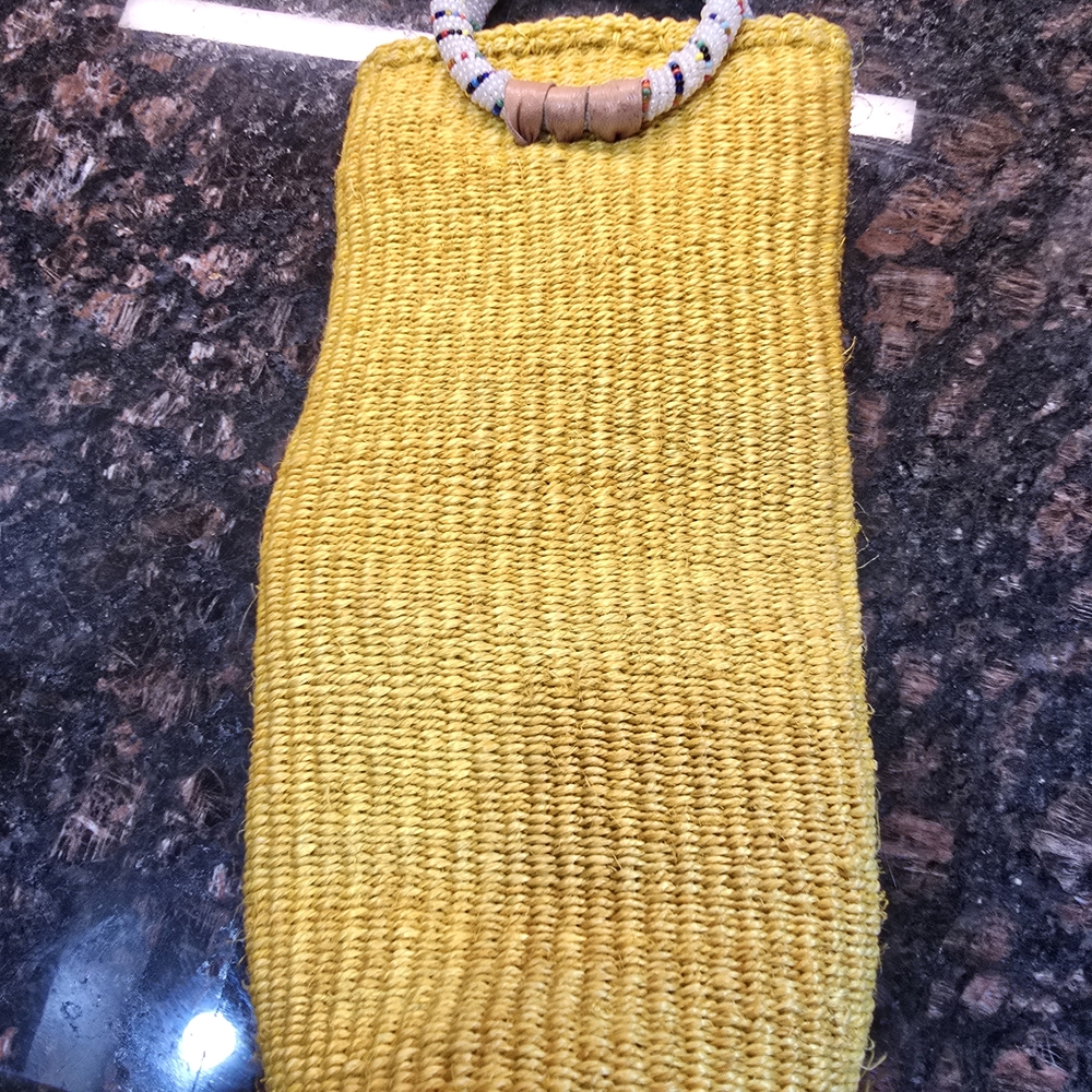 Yellow Woven Handbag with Beaded Handle